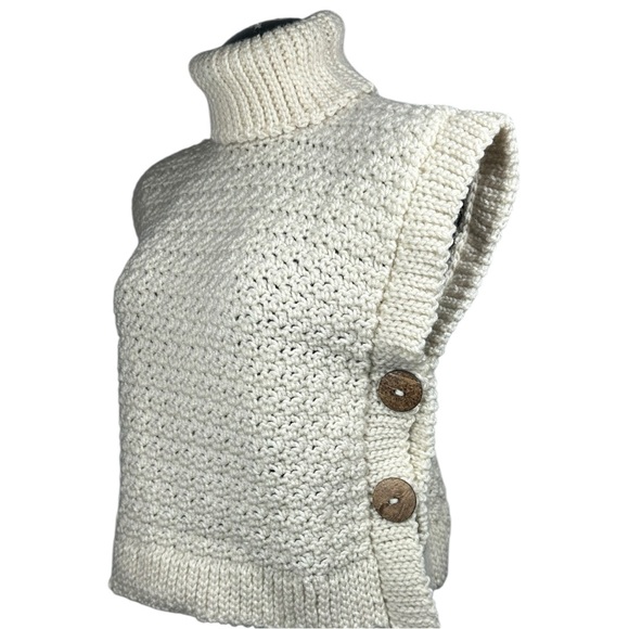 Hand Crocheted Turtleneck Sweater Vest Women's S/M Ivory Pullover Button Side - Picture 9 of 10